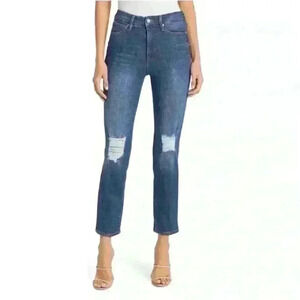 Good American Good Vintage straight leg jeans with distressed holes on knees